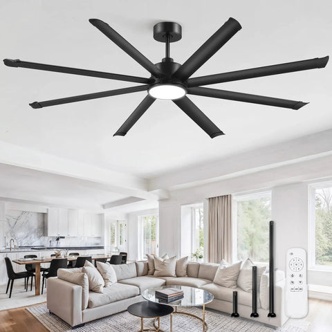 84 Inch Indoor Outdoor Ceiling Fan With Lights, Industrial Grade 8 Reversible Aluminum Blades in modern living room space