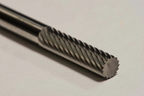 SA-1L 1/4 Inch Cylinder Bur Single Cut Solid Carbide tool for stock removal in metals, close-up view showing spiral cutting edge