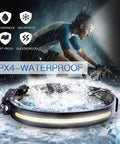 Two Pack Rechargeable Headlamp With 230 Degree Wide Beam LED Light with IPX4 waterproof design in wet outdoor setting