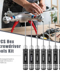 Pro Grade 7 Piece Precision RC Hex Screwdriver Set with 0.9mm through 3.0mm micro Allen wrenches shown against a drone.