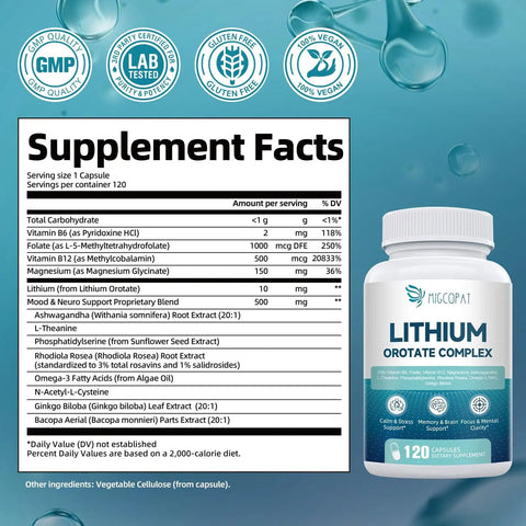 Supplement facts and bottle of 7 In 1 Brain Boost Stack With Magnesium Glycinate And Lithium Orotate 10 Mg Ashwagandha NAC And Omega 3 For Mood Boost Focus Memory Support Non GMO Vegan Capsules