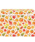 Top Shelf Foldable Storage Bin With Snug Flip Top Lid And Reinforced Handles For Bedroom Closet Organization Collapsible Fabric Cube that flattens out, decorated with autumn leaves and pumpkins.
