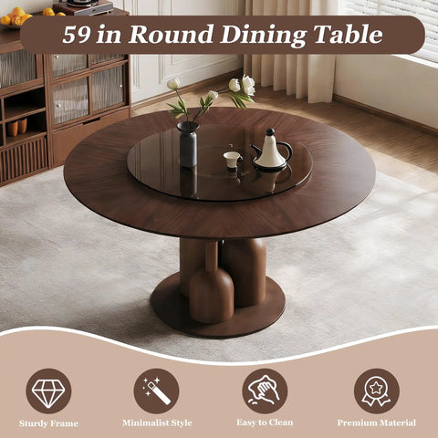 High Grade Oak Wabi Sabi Round Dining Table With 35 Inch Tempered Glass Lazy Susan And Walnut Detail, 59 inch round design.