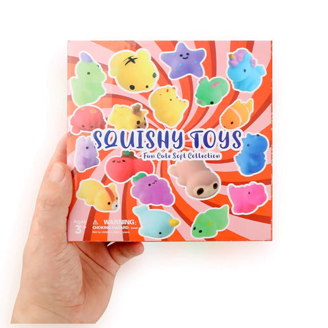 Premium Total Knockout 32 Pack Mochi Squishy Toys Kawaii Animals colorful packaging held, featuring soft squishy designs.