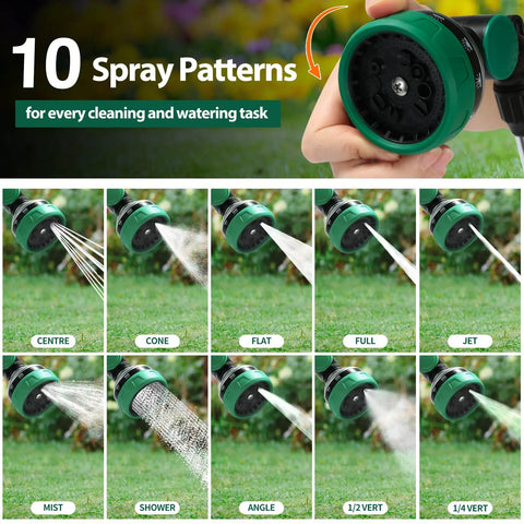 10 spray patterns of Long Reach 24 Inch Watering Wand With Pro Grade Thumb Control Nozzle, Heavy Duty Garden Hose Attachment