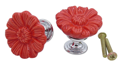 Killer Vintage Floral Daisy Ceramic Drawer Knobs For Dressers And Cabinets Six Piece Red Knob Set With Screws, close-up view of red ceramic daisy knobs with shiny bases.