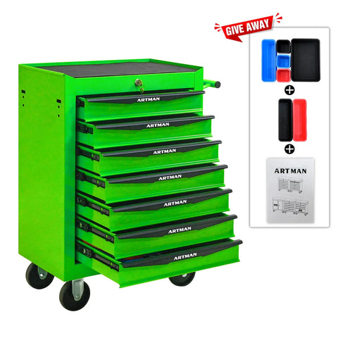 Heavy Duty Rolling Tool Chest With Lockable Parking Brakes And Butter Smooth Ball Bearing Slides 21 Inch Freestanding Storage Cabinet In Bright Green For Garage Or Shop with seven drawers and a top compartment.