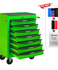 21 Inch Lockable Freestanding Storage Cabinet Rolling Utility Tool Chest Heavy Duty Garage Organizer With Reliable Wheel Brake Casters And Smooth Ball Bearing Drawer Slides Tough Green Finish For Your Weekend Shop Setup with seven drawers and tools.