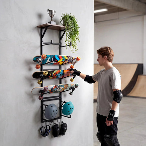 Multi Deck Skateboard Rack Wall Mount Display Hanger With Solid Wood Top Shelf And Rubber Grip Pads, showcasing three skateboards and safety gear.