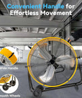 24 Inch High Velocity Industrial Drum Fan With 8800 CFM Heavy Duty Metal Air Circulator with wheels in a warehouse