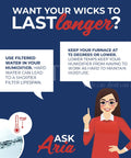 Infographic on prolonging humidifier wick lifespan with water and temperature tips, featuring a character named Aria pointing.