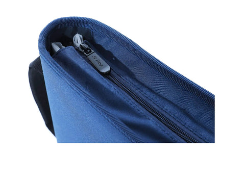 Close-up of blue zipper on Durable Portable DVD CD Blu Ray Storage Case With Extra Wide Title Cover Pages Holds 192 Discs And 96 Booklets