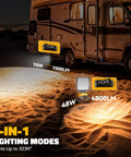 LED Work Light for 20V Tools with 140 Degree Pivoting Head illuminating a sandy outdoor area next to an RV at night