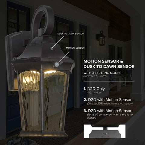 Heavy Duty Led Motion Sensor Outdoor Wall Light With 800 Lumens Super Bright 3000K Warm White Glow, Dusk To Dawn Safety Switch shown with sensors.