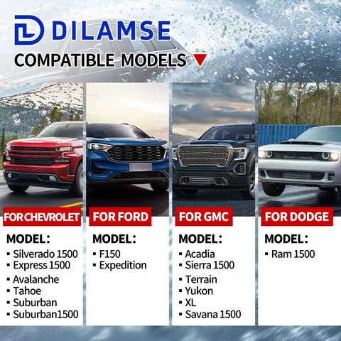 Image showing compatible models for DILAMSE products. Includes Chevrolet, Ford, GMC, and Dodge vehicles.