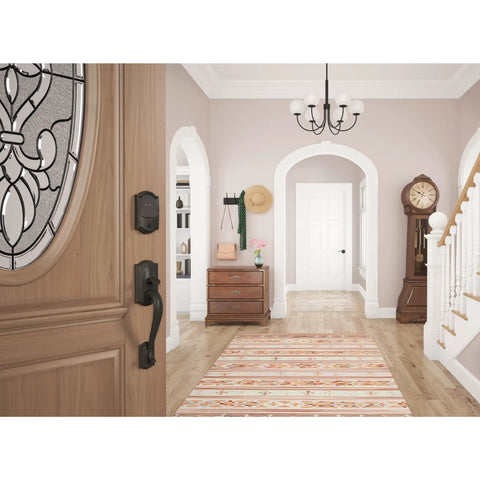 Rock Solid Keyless Entry Deadbolt With Built-In Wi-Fi Right For Your Front Door mounted on an elegant wooden door.