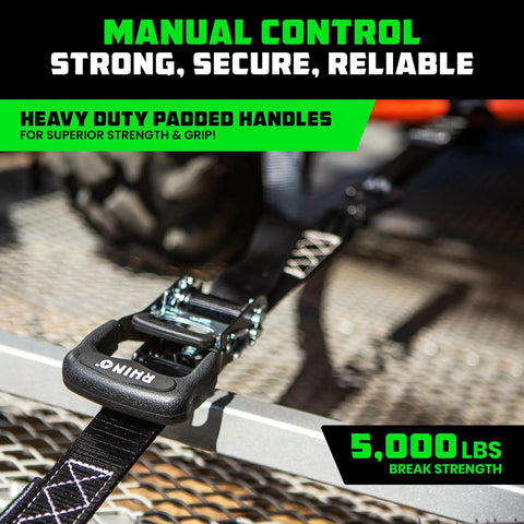 Heavy Duty Ratchet Straps Kit Four Pack 1.6 Inch By 8 Feet With 5000 Lb Break Strength shown securing cargo with S hooks