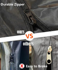 Close-up of durable zipper on rugged outdoor swing cover compared to less durable zipper on competitor's product.