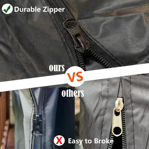 Close-up of durable zipper on rugged outdoor swing cover compared to less durable zipper on competitor's product.