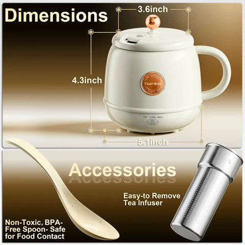 14 Oz Travel Electric Kettle With Rapid Heating To 212 Degrees Fahrenheit Temperature Control Mug Warmer shown with dimensions, spoon, and tea infuser.