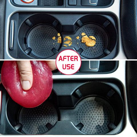 Before and after using Car Cleaning Gel And Auto Detailing Putty in car cup holders to remove dirt and crumbs.