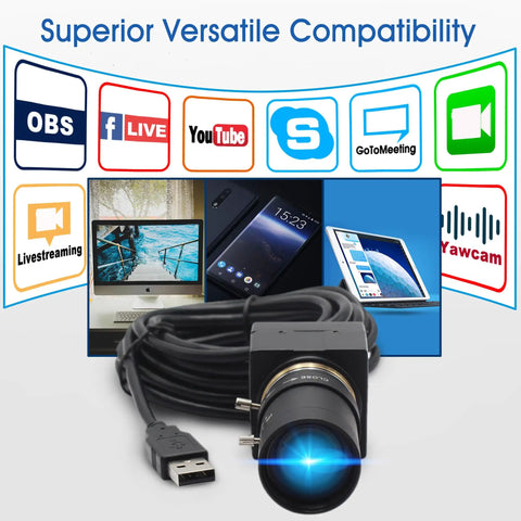 1080P USB Webcam With 2.8-12mm Varifocal Lens For Video Conference And Streaming 0.01 Lux Low Light H264 IMX323 Sensor displayed with software icons