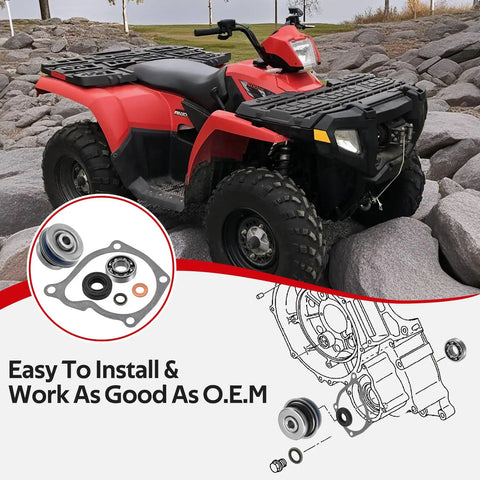 No Drama Heavy Duty Water Pump Bearing Seal Gasket Kit For Polaris Sportsman Ranger ATV 400 installed on rocky terrain.