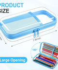 Top Shelf Four Pack Clear Hard Shell Zipper Cases In Vibrant Blue Durable Plastic Travel Pouches showing open case with colored pencils 7.48 x 3.94 x 1.97 in