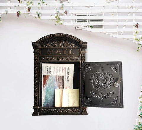 Outdoor Metal Wall Mounted Mailbox With Vintage Cast Iron Locking Look And Old School Charm displaying letters inside