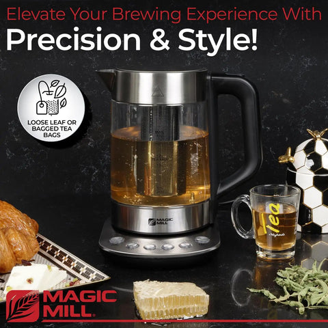 Electric Kettle With Temperature Control And Tea Infuser, 1.7L Large Capacity, displayed with honey and tea bags