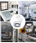 Heavy Duty Clear Button Lockout Covers 4 Pack Fit 22mm Push Button Switches Straight Up Sturdy Guard shown in industrial machine setting.