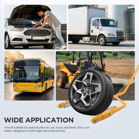 Heavy Duty Tire Dolly Rolling Cart For Fleet Trucks And Local Garages Zero Sweat Solo Operation For Super Single Flotation Tires Up To 300 Lbs on various vehicles.