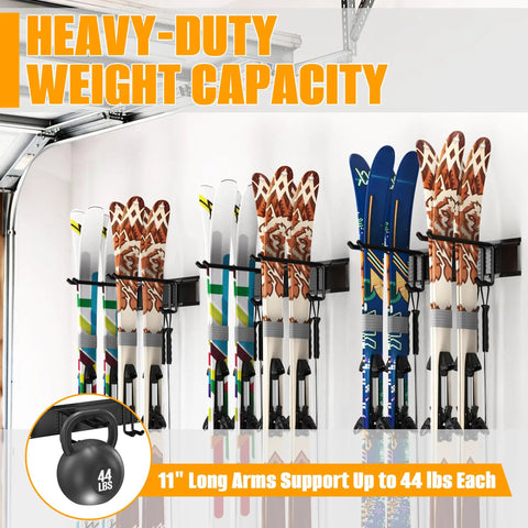Sick Wall Mounted Ski Storage Rack That Handles 8 Pairs, showcasing heavy-duty design and 44 lbs support for skis.