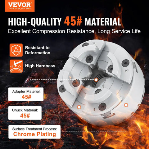 Four Jaw Lathe Chuck Three Point Seven Five Inch Diameter Self Centering Tool For Lathe And Milling Machines showcasing 45# steel material.