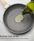 Eight Inch Nonstick Granite Frying Pan With Eco Safe Pfoa And Pfos Free Coating For Healthier Everyday Cooking with oil being poured in.