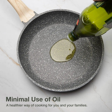 Eight Inch Nonstick Granite Frying Pan With Eco Safe Pfoa And Pfos Free Coating For Healthier Everyday Cooking with oil being poured in.