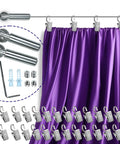 Adjustable Indoor Outdoor Wire Curtain Rod System With 16.4 Ft Reach And 24 Clips shown with purple curtain and hardware.