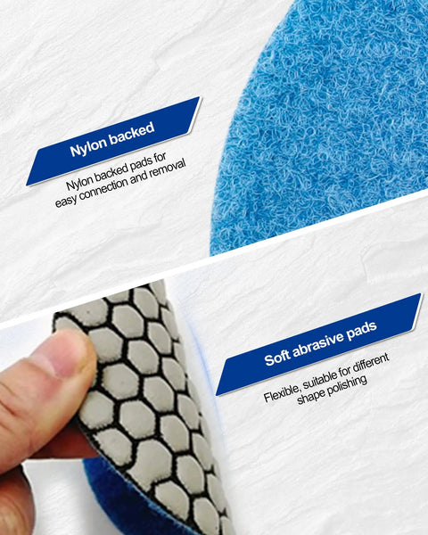 Close-up of nylon backing and soft abrasive surface on Four Inch Dry Diamond Polishing Pads Grit 100 for Granite Marble Stone Flexible Sanding Pads