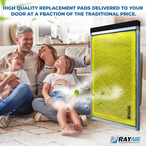 Family sitting on carpet next to 3 Pack Replacement Filter Pads For MicroPower Guard 20x20 Air Cleaner with Fiberglass Media