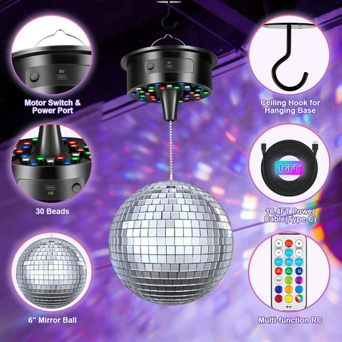Lit Rotating 6 Inch Mirror Ball Party Light With Motor, 12 RGBW Colors, showing motor, mirror ball, USB cable, and remote