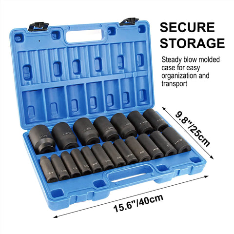 19 Piece One Half Inch Drive Impact Socket Set Deep Six Point CrV Steel Three Eighths To One And A Half Inch Sockets Workhorse For Pros And DIYers Built For High Torque in blue case