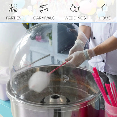 Blue Electric Cotton Candy Maker Machine With 1030W Motor Rapidly Spins Sugar Floss In Twenty Inch Stainless Steel Bowl in use.