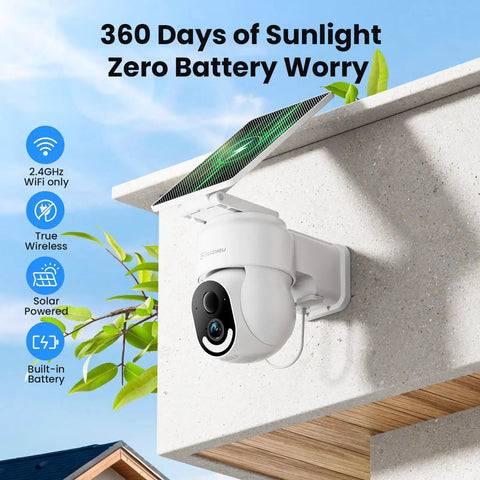Outdoor mounted Solar Powered Wireless Outdoor Security Camera With 2K Resolution 360 Degree Pan Tilt Auto Tracking Spotlight