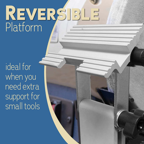 Close-up of Adjustable Tool Rest Sharpening Jig for 6 Inch or 8 Inch Bench Grinders with Pivoting Miter Slide and Flat Miter Slide.