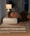 Premium Memory Foam Cube Pillow Made Straight For Real Side Sleepers Measuring 24 By 12 By 5 Inches shown in use for neck support.