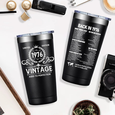 Born In 1976 Vintage 20 Oz Insulated Tumbler with aged design and historical facts, perfect for birthday celebrations.