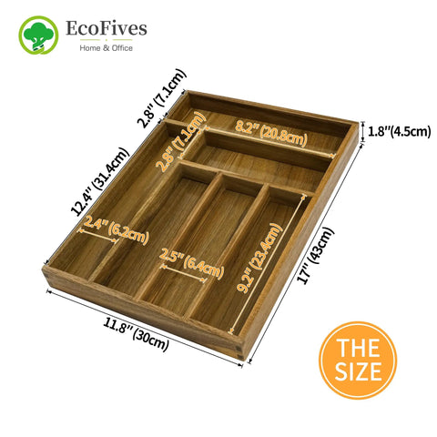 Acacia Kitchen Drawer Organizer With Grooved Dividers, 6 Slot Silverware And Utensil Tray, size details displayed