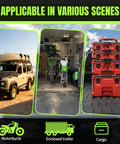 Beefy Heavy Duty 1 Inch By 12 Foot Auto Retracting Ratchet Straps in use with truck, trailer, motorcycles, and cargo storage.