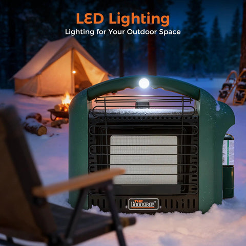 12000 BTU Propane Patio Heater Portable Outdoor Space Heater for Camping and Deck Use with LED lighting, ideal for cold nights.