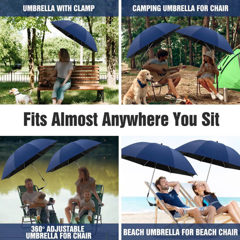 Two Pack Chair Beach Umbrellas With Clamp, 360 Degree Adjustable UPF50 Plus Sun Shade For Beach Chairs, Patio Chairs, And Camping Gear, Ink Blue, Chair Not Included